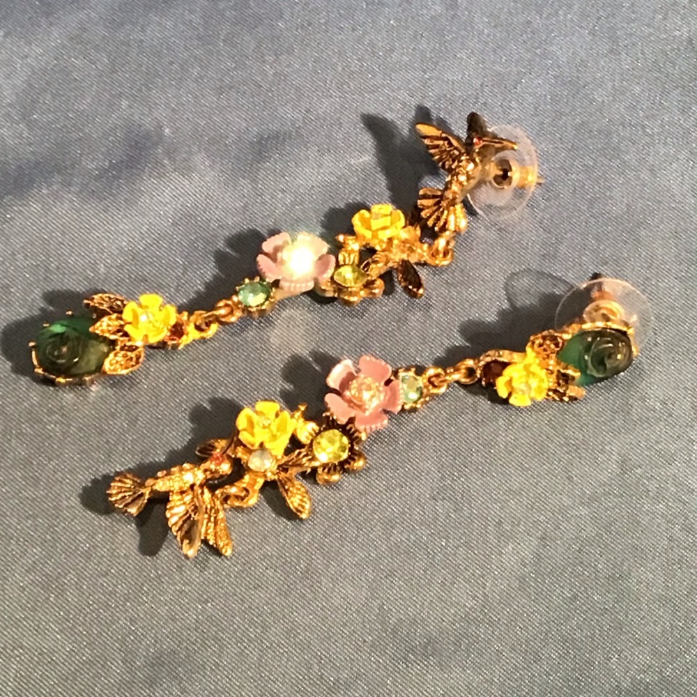Flower & bird enamel post earrings, CZ, EUC